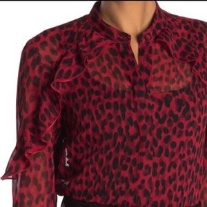 Animal Print Black & Ox Blood Red Leopard Ruffle Blouse